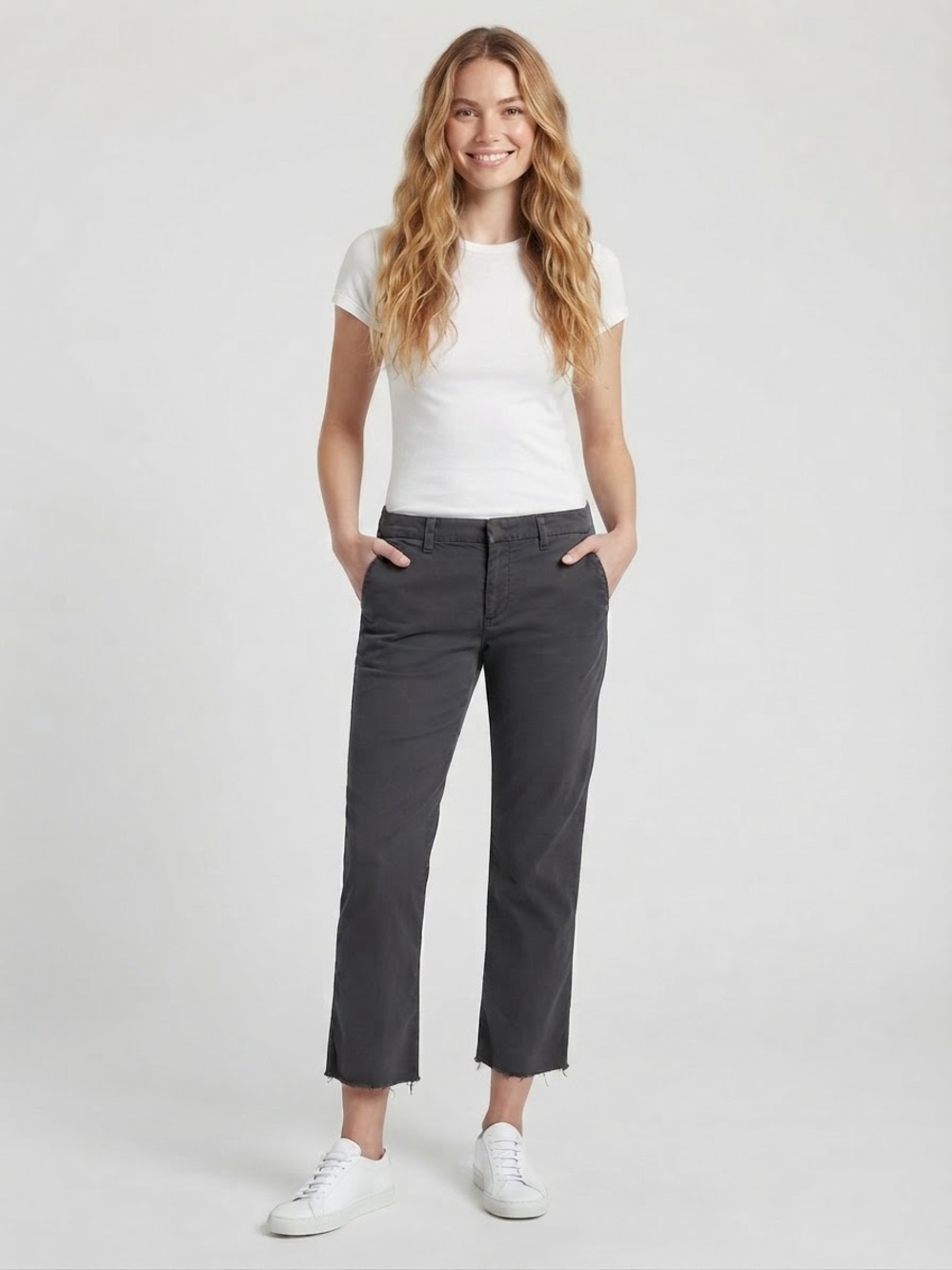 Frank & Eileen Wicklow Crop Pants Women's Sz 8 Charcoal Gray Raw Hem Cotton